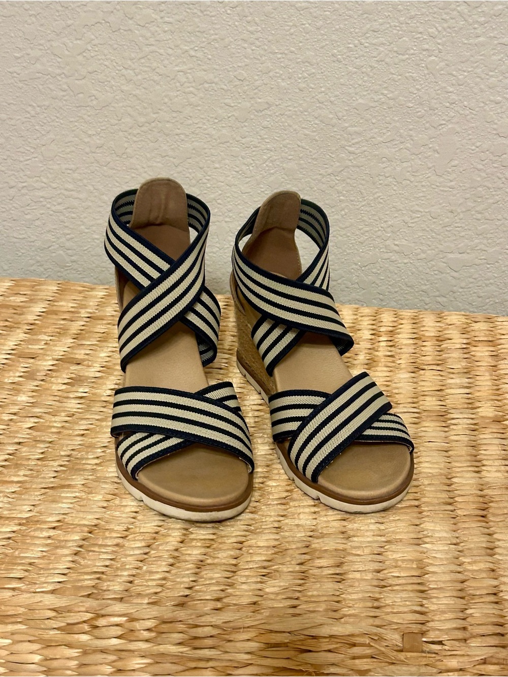 Mia Amore Striped Crisscross Wedge Sandals - Navy & Cream